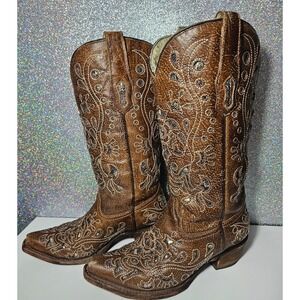 CORRAL Vintage Brown Leather Black/Gold Sequin Inlay Embroidered Cowboy Boots 7M